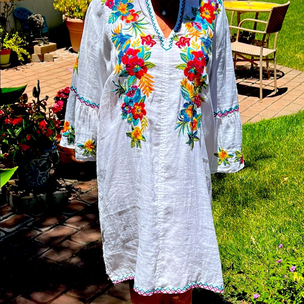 Beautiful Summer Cotton Ramie Johnny Was V Neck Tropical Shift Dress, Size Large